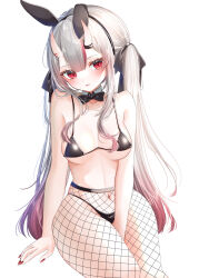 Rule 34 | 1girl, absurdres, animal ears, between legs, bikini, black bikini, black bow, black bowtie, blush, bow, bowtie, breasts, colored tips, commentary request, detached collar, fake animal ears, fishnet pantyhose, fishnets, grey hair, hand between legs, highres, hololive, horns, long hair, looking at viewer, medium breasts, multicolored hair, nail polish, nakiri ayame, navel, nontraditional playboy bunny, ohagetty, pantyhose, playboy bunny bikini, rabbit ears, red eyes, red hair, red nails, simple background, skin-covered horns, solo, swimsuit, twintails, virtual youtuber, white background