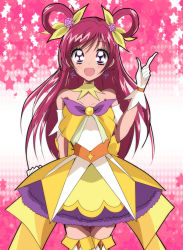 Rule 34 | 1girl, armpits, bare shoulders, blush, boots, choker, cosplay, cure dream, cure twinkle, cure twinkle (cosplay), dress, earrings, eyelashes, gloves, go! princess precure, gradient background, hair rings, half updo, happy, haru (nature life), jewelry, looking at viewer, magical girl, open mouth, pink eyes, pink hair, polka dot, polka dot background, precure, ribbon, smile, solo, star (symbol), star earrings, thigh boots, thighhighs, white footwear, white gloves, white thighhighs, wrist cuffs, yellow dress, yes! precure 5, yes! precure 5 gogo!, yumehara nozomi