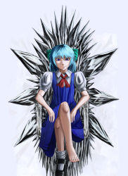 Rule 34 | 1girl, bad id, bad pixiv id, barefoot, blue eyes, blue hair, bow, cirno, dress, hair bow, highres, ice, crossed legs, mmm (mikito), puffy short sleeves, puffy sleeves, shoes, short hair, short sleeves, single shoe, sitting, smile, throne, touhou