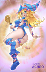 Rule 34 | 1girl, achromaru, adapted costume, artist name, bare legs, bare shoulders, blonde hair, blue footwear, blue leotard, blush, breasts, cleavage, cowboy shot, curvy, dark magician girl, dress, duel monster, full body, green eyes, happy, hat, highleg, highleg leotard, highres, holding, holding staff, large breasts, leotard, lips, long hair, looking back, magical girl, open mouth, shiny clothes, shiny skin, simple background, skin tight, solo, staff, thighs, thong leotard, traditional media, wide hips, wizard hat, yu-gi-oh!