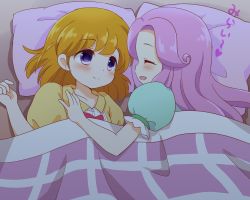 Rule 34 | asahina mirai, blonde hair, blush, closed eyes, closed mouth, facing another, hanami kotoha, heart, incest, long hair, looking at another, lying, mahou girls precure!, mother and daughter, on side, open mouth, precure, puffy short sleeves, puffy sleeves, purple eyes, purple hair, ringo (nanaprin), short hair, short sleeves, smile, translated, yuri