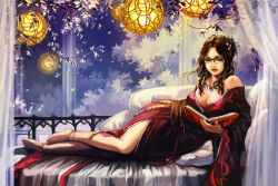 Rule 34 | 1girl, anklet, anna lynn, bare legs, barefoot, bed, book, bracelet, brown hair, chibi-oneechan, curly hair, glasses, hair ornament, highres, japanese clothes, jewelry, kimono, lamp, long hair, lying, nature, necklace, open book, original, pendant, reading, tree