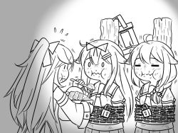 Rule 34 | 3girls, ahoge, bound, chain, chained, closed eyes, commentary, eating, feeding, flying sweatdrops, food, greyscale, guin guin, hair flaps, hair ornament, hairclip, holding, holding lantern, kantai collection, lantern, lock, long hair, monochrome, multiple girls, neckerchief, remodel (kantai collection), sailor collar, school uniform, serafuku, sharing food, shigure (kancolle), tied up (nonsexual), yamakaze (kancolle), yuudachi (kancolle)