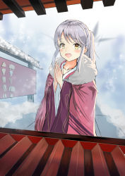 Rule 34 | 1girl, :d, absurdres, blurry, blurry background, blush, fur trim, grey hair, hatsumoude, highres, japanese clothes, kimono, new year, open mouth, original, outdoors, own hands together, pink kimono, shrine, smile, snow, standing, tobiohana (c1774074314), wide sleeves, winter, yellow eyes