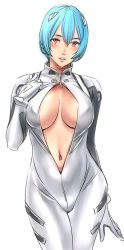 Rule 34 | 1girl, aged up, ayanami rei, blue hair, blush, bodysuit, bracer, breasts, breasts apart, center opening, cleavage, covered erect nipples, cowboy shot, gloves, hair between eyes, hair ornament, hand on own chest, interface headset, large breasts, lips, looking at viewer, navel, neon genesis evangelion, nishieda, open bodysuit, open clothes, parted bangs, parted lips, pilot suit, plugsuit, red eyes, short hair, simple background, sketch, solo, turtleneck, unzipped, white background, zipper