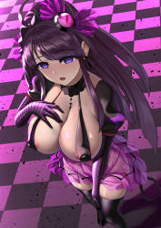 Rule 34 | 1girl, ahoge, black thighhighs, blue eyes, breasts, checkered floor, corruption, covered erect nipples, cure selene, dark persona, detached sleeves, earrings, from above, headband, highleg, highleg panties, highres, jewelry, kaguya madoka, large breasts, long hair, magical girl, mind control, miyashiro ryuutarou, navel, open mouth, panties, pink pupils, precure, purple hair, revealing clothes, see-through, solo, star twinkle precure, tail, thighhighs, underwear