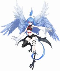 Rule 34 | 1boy, animal feet, artist name, asymmetrical legwear, bird legs, bird wings, black shirt, black shorts, black wings, blue hair, blue wings, claws, demon boy, demon wings, feathered wings, full body, hand up, harpy boy, head wings, highres, kneehighs, long pointy ears, looking at viewer, low wings, male focus, mismatched legwear, monster boy, multiple wings, navel, open mouth, original, oversized forearms, oversized limbs, pink eyes, pointy ears, rokito, shirt, short hair with long locks, short shorts, shorts, simple background, single head wing, skin tight, skinny, sleeveless, slit pupils, socks, solo, stomach, talons, thigh strap, thighhighs, trap, white background, wings