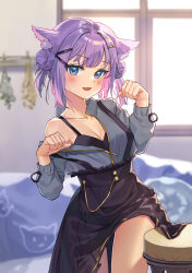 Rule 34 | 1girl, blue eyes, blush, breasts, cleavage, collarbone, commentary request, double bun, fang, hair bun, hair ornament, hairclip, highres, looking at viewer, multicolored hair, open clothes, open mouth, open shirt, original, overalls, paw pose, pillow, pink hair, purple hair, small breasts, smile, solo, window, xlewez