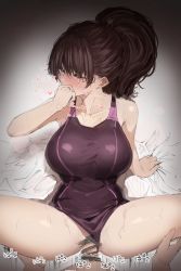 Rule 34 | 1boy, arm support, bed sheet, blush, breasts, brown hair, closed eyes, clothed sex, clothing aside, collarbone, competition swimsuit, covering own mouth, etchi inoha sukidesuka, hands on another&#039;s thighs, heart, hetero, highres, large breasts, long hair, missionary, nose blush, one-piece swimsuit, original, penis, ponytail, pov, pussy, sex, sheet grab, solo focus, spread legs, sweat, swimsuit, vaginal