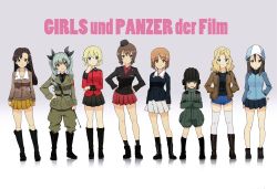 Rule 34 | 10s, 6+girls, anchovy (girls und panzer), ankle boots, anzio military uniform, asymmetrical bangs, belt, black footwear, black jacket, black necktie, black ribbon, black shirt, black skirt, blonde hair, blue eyes, blue footwear, blue hat, blue jacket, blue shorts, blue skirt, boots, braid, brown eyes, brown hair, brown jacket, chi-hatan military uniform, closed mouth, copyright name, crossed arms, darjeeling (girls und panzer), denim, denim shorts, dress shirt, drill hair, emblem, english text, fang, garrison cap, ghost in the shell lineup, girls und panzer, green hair, green jumpsuit, green shirt, grey jacket, grey pants, hair intakes, hair ribbon, hand on own chin, hand on own hip, hands in pockets, hands on own hips, hat, helmet, highres, holding, jacket, jumpsuit, katyusha (girls und panzer), kay (girls und panzer), keizoku military uniform, knee boots, kuro (toi et moi), kuromorimine military uniform, light smile, long hair, long sleeves, looking at viewer, mika (girls und panzer), military, military uniform, miniskirt, multiple girls, necktie, nishi kinuyo, nishizumi maho, nishizumi miho, ooarai military uniform, open clothes, open jacket, pants, parted lips, pleated skirt, pravda military uniform, raglan sleeves, red eyes, red jacket, red shirt, red skirt, ribbon, riding crop, saunders military uniform, shirt, short hair, short jumpsuit, short shorts, shorts, shoulder belt, skirt, smile, st. gloriana&#039;s military uniform, standing, star (symbol), tank helmet, thighhighs, track jacket, trait connection, twin braids, twin drills, twintails, uniform, white legwear, white shirt, white skirt, yellow skirt