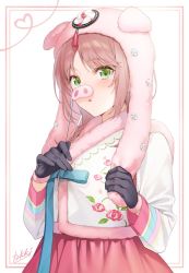 Rule 34 | 1girl, animal ears, artist name, black gloves, border, braid, brown hair, commentary, floral print, fur trim, gloves, green eyes, hat, hat with ears, heart, long hair, looking at viewer, original, parted lips, pig ears, pig nose, pink skirt, simple background, skirt, solo, symbol-only commentary, tokki, white background
