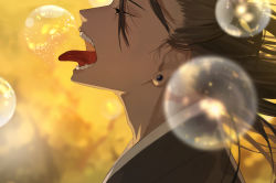 Rule 34 | 1boy, adam&#039;s apple, black eyes, black hair, blurry, blurry background, blurry foreground, bubble, commentary request, earrings, floating hair, from side, getou suguru, hair pulled back, half-closed eyes, highres, japanese clothes, jewelry, jujutsu kaisen, kimono, long hair, male focus, natsuko (summer 525528), open mouth, profile, solo, teeth, tongue, tongue out, yellow background