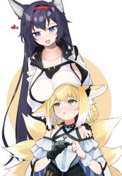 Rule 34 | 2girls, :o, ;d, animal ear fluff, animal ears, arknights, bare shoulders, black gloves, black hair, blaze (arknights), blue eyes, blue hairband, braid, breasts, cat ears, collarbone, dress, eye contact, fox ears, fox girl, fox tail, gloves, green eyes, hairband, hands on another&#039;s shoulders, heart, height difference, highres, jacket, large breasts, long hair, looking at another, looking down, looking up, material growth, multiple girls, multiple tails, one eye closed, open clothes, open jacket, open mouth, oripathy lesion (arknights), poyason, red hairband, shirt, single glove, smile, suzuran (arknights), tail, two-tone background, upper body, very long hair, white dress, white jacket, white shirt, wristband