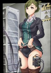 Rule 34 | 1girl, absurdres, android, arbitrator (rusty), black border, black panties, black pantyhose, black skirt, border, bow, bow panties, breasts, cable, cameltoe, clothes lift, collared shirt, double brid, empty eyes, expressionless, green hair, green skirt, highres, idolmaster, idolmaster shiny colors, large breasts, mechanical parts, nanakusa hazuki, panties, pantyhose, self exposure, shirt, sign, skirt, skirt lift, solo, thighs, underwear, warning sign