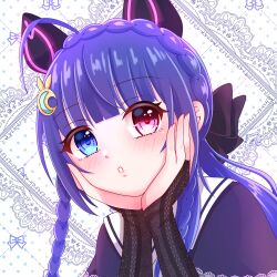 Rule 34 | 1girl, :o, ahoge, animal ears, anjou seira, assault lily, black bow, black bridal gauntlets, blue eyes, blue hair, blunt bangs, blush, bow, braid, bridal gauntlets, cat ears, commentary, crown braid, fake animal ears, hair bow, hands on own cheeks, hands on own face, hands up, hetero, heterochromia, highres, lace background, long hair, looking at viewer, low ponytail, parted lips, pink eyes, polka dot, polka dot background, ponytail, portrait, school uniform, side braids, solo, symbol-only commentary, tetsukawa toa, twin braids, white background, yurigaoka girls academy school uniform