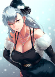 1girl aqua_background bare_shoulders belt black_dress black_hat blue_dress breasts cleavage closed_mouth collarbone detached_sleeves dress dutch_angle fur-trimmed_sleeves fur_trim gradient_background grey_background hair_between_eyes hand_on_own_hip hat highres jewelry kitora_mirja large_breasts long_hair long_sleeves looking_at_viewer mikel_(4hands) mini_hat necklace no_eyewear pearl_necklace pendant pom_pom_(clothes) silver_hair sleeveless sleeveless_dress snowing solo standing star_(symbol) star_necklace tilted_headwear toji_no_miko two-tone_dress upper_body yellow_eyes