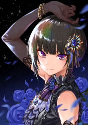 Rule 34 | 1girl, arm over head, arm up, armpits, black gloves, black hair, blue flower, blue rose, blunt bangs, blush, bob cut, bracelet, closed mouth, commentary request, elbow gloves, flower, gem, gloves, hair ornament, hair ribbon, ice reizou, idolmaster, idolmaster cinderella girls, jewelry, looking at viewer, looking to the side, petals, purple eyes, ribbon, rose, rose petals, shirayuki chiyo, short hair, solo, sparkle
