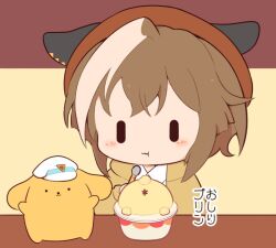 Rule 34 | 1girl, :t, animal ears, beret, blush stickers, brown hair, brown hat, brown jacket, cheval grand (umamusume), chibi, closed mouth, collared shirt, crossover, ears through headwear, eating, gomashio (goma feet), hat, holding, holding spoon, hood, hood down, hooded jacket, horse ears, jacket, multicolored hair, peaked cap, pompompurin, sanrio, shirt, spoon, streaked hair, translation request, umamusume, upper body, wavy mouth, white hair, white hat, white shirt, | |
