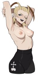 Rule 34 | 1girl, absurdres, antenna hair, armpits, arms up, black pants, blonde hair, blue eyes, breasts, cameltoe, english text, fangs, forehead, hair slicked back, high-waist pants, highres, holding own arm, kingdom hearts, kingdom hearts chain of memories, larxene, lips, medium breasts, medium hair, navel, nipples, open mouth, pants, pointy ears, porqueloin, sidelocks, simple background, solo, sweat, teeth, topless, white background