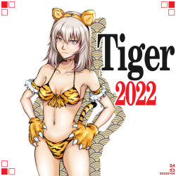 Rule 34 | 1girl, 2022, animal ears, animal hands, animal print, artist name, bikini, blue eyes, breasts, chinese zodiac, choker, closed mouth, commentary, cowboy shot, dated, english text, fake animal ears, fake tail, girls und panzer, gloves, halterneck, itsumi erika, looking at viewer, medium breasts, medium hair, navel, new year, nishi itsumi, orange bikini, orange choker, orange gloves, paw gloves, print bikini, seigaiha, silhouette, silver hair, smile, solo, standing, swimsuit, tail, tiger ears, tiger print, tiger tail, white background, year of the tiger