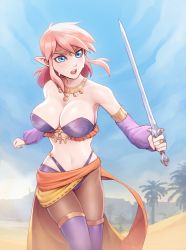 Rule 34 | 1girl, alternate costume, armlet, bikini, blue eyes, blue sky, boots, breasts, brellom, circlet, cleavage, cosplay, day, desert, detached sleeves, fighting stance, freckles, genderswap, genderswap (mtf), harem outfit, highleg, highleg bikini, highres, holding, holding sword, holding weapon, impossible clothes, jewelry, large breasts, left-handed, link, link (shounen captain), necklace, nintendo, open mouth, pantyhose, pink hair, purple bikini, purple footwear, purple sleeves, ring, sarong, senya (dq11), senya (dq11) (cosplay), sheikah, sky, solo, strapless, strapless bikini, sweat, swimsuit, sword, teeth, the legend of zelda, the legend of zelda: a link to the past, thigh boots, thighhighs, upper teeth only, weapon