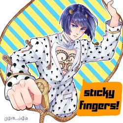 Rule 34 | 1boy, black hair, blue eyes, blunt bangs, bob cut, bruno bucciarati, cleavage cutout, closed mouth, clothing cutout, commentary request, grm jogio, highres, jacket, jojo no kimyou na bouken, looking at viewer, male focus, pectoral cleavage, pectorals, stand (jojo), sticky fingers (stand), vento aureo, white jacket, zipper, zipper pull tab