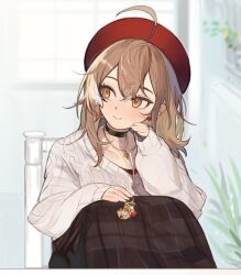 Rule 34 | 1girl, ahoge, beret, berry, bird, black choker, brown eyes, brown hair, brown skirt, chair, choker, crossed bangs, earbuds, earphones, earrings, eus ing, flower, food-themed earrings, hat, hololive, hololive english, hootsie (nanashi mumei), indoors, jewelry, charm (object), knees up, long skirt, looking to the side, multicolored hair, nail art, nanashi mumei, nanashi mumei (casual), necklace, official alternate costume, on chair, owl, plaid, plaid skirt, plant, potted plant, red shirt, runes, shirt, sitting, skirt, sleeves past wrists, smile, streaked hair, sweater, virtual youtuber, white sweater, window