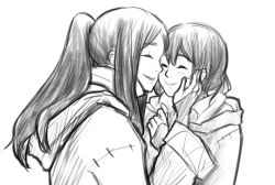 Rule 34 | 2girls, ^ ^, arms up, blush, bridal gauntlets, cheek-to-cheek, closed eyes, commentary, dekodomo, fire emblem, fire emblem awakening, gloves, greyscale, hair between eyes, hands on another&#039;s cheeks, hands on another&#039;s face, heads together, hood, hooded jacket, jacket, long hair, long sleeves, monochrome, morgan (female) (fire emblem), morgan (fire emblem), mother and daughter, multiple girls, nintendo, parted bangs, ponytail, robin (female) (fire emblem), robin (fire emblem), short hair, simple background, sketch, smile, wavy hair, white background