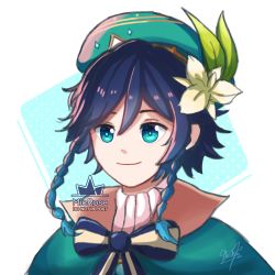 Rule 34 | 1boy, androgynous, beret, black hair, blue hair, bow, braid, brooch, closed mouth, collared cape, flower, gem, genshin impact, gradient hair, green eyes, green hat, hair flower, hair ornament, hat, highres, jewelry, leaf, male focus, microse, multicolored hair, short hair with long locks, simple background, smile, solo, twin braids, venti (genshin impact), white flower