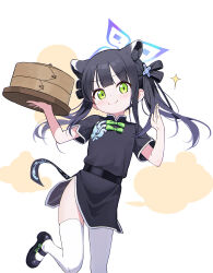 Rule 34 | 1girl, animal ears, bamboo steamer, banxuan c2ka, black dress, black footwear, black hair, blue archive, blue halo, blush, chinese clothes, closed mouth, dress, extra ears, foot out of frame, green eyes, halo, highres, long hair, looking at viewer, shoes, short sleeves, shun (blue archive), shun (small) (blue archive), smile, solo, thighhighs, two side up, white thighhighs