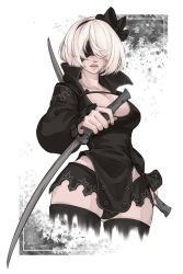 Rule 34 | 1girl, absurdres, black blindfold, black thighhighs, blindfold, breasts, cleavage, cropped legs, dual wielding, grey hair, highres, holding, iaurencin, lips, micro shorts, mole, mole under mouth, nier (series), nier:automata, nier reincarnation, official alternate costume, pale skin, short shorts, shorts, solo, sword, thighhighs, weapon, 2b (nier:automata)