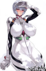 Rule 34 | 1girl, arm up, ayanami rei, blush, breasts, cover, cover page, covered erect nipples, dress, highres, huge breasts, large breasts, legs together, mogudan, neon genesis evangelion, plugsuit, plump, puffy nipples, red eyes, shaded face, short hair, sitting, skin tight, solo, tight clothes, tight dress, wide hips