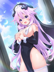 Rule 34 | 1girl, :d, adult neptune, alternate costume, bare shoulders, black dress, blush, breasts, breasts out, cloud, convenient censoring, covered erect nipples, covered navel, d-pad, d-pad hair ornament, day, detached sleeves, dress, exhibitionism, giga-tera, groin, habit, hair ornament, hands up, highres, interlocked fingers, large breasts, long hair, looking at viewer, mega miracle force, neptune (neptunia), neptune (series), no bra, no panties, nun, open mouth, outdoors, own hands together, priest, priestess, public indecency, purple eyes, purple hair, revealing clothes, skindentation, sky, smile, solo, thighhighs, topless, very long hair, white thighhighs, wrist cuffs