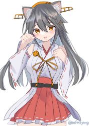 Rule 34 | 1girl, animal ear fluff, animal ears, blush, breasts, cat ears, detached sleeves, frills, grey hair, hair between eyes, hair ornament, hairclip, haruna (kancolle), headgear, highres, japanese clothes, kantai collection, long hair, looking at viewer, nontraditional miko, one-hour drawing challenge, orange eyes, parted lips, paw pose, ribbon-trimmed sleeves, ribbon trim, simple background, solo, twitter username, white background, wide sleeves, yoshino (mfmfpng)