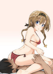 Rule 34 | 10s, 1boy, 1girl, ass, bikini, blue eyes, blush, braid, breasts, brown hair, clothes writing, covered erect nipples, cunnilingus, cunnilingus through clothes, dimples of venus, faceless, faceless male, gradient background, habara meguru, hair between eyes, hair ornament, halterneck, hand on another&#039;s thigh, hand on thigh, headband, hetero, highres, kantai collection, long hair, looking at another, looking back, medium breasts, open mouth, oral, panties, pink background, propeller hair ornament, side-tie panties, sideboob, sitting, sitting on face, sitting on person, skindentation, striped bikini, striped clothes, striped panties, swimsuit, tan, teruzuki (kancolle), twin braids, underboob, underwear, underwear only
