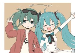Rule 34 | 2girls, ahoge, aqua eyes, aqua hair, ascot, brown background, commentary, detached sleeves, dual persona, earrings, closed eyes, facing viewer, green hair, hair ornament, hand up, hatsune miku, holding another&#039;s arm, jacket, jewelry, long hair, looking at viewer, magical mirai (vocaloid), magical mirai miku, magical mirai miku (2017), medium hair, multiple girls, najo, open mouth, outstretched arm, parted lips, plaid neckwear, red jacket, shirt, sleeveless, sleeveless shirt, smile, suna no wakusei (vocaloid), translated, twintails, twitter username, upper body, very long hair, vocaloid, waving, white shirt, white sleeves, wing hair ornament
