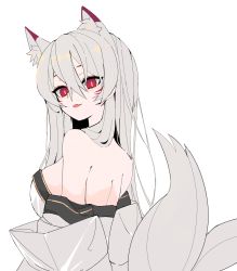 Rule 34 | 1girl, :d, animal ear fluff, animal ears, ara haan, bad id, bad pixiv id, bare shoulders, breasts, elsword, eun (elsword), facial mark, fang, flat color, fox ears, fox tail, highres, japanese clothes, kimono, long hair, looking at viewer, looking back, multiple tails, open mouth, red eyes, seu 9 (banya), simple background, smile, solo, tail, very long hair, whisker markings, white background, white hair, white kimono