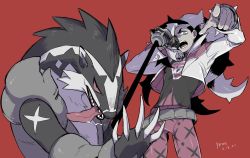 Rule 34 | 1boy, belt, black hair, copyright name, creatures (company), cropped jacket, dated, game freak, gen 8 pokemon, gym leader, holding, holding microphone, jacket, long hair, long sleeves, looking at viewer, male focus, microphone, microphone stand, multicolored hair, nintendo, obstagoon, open mouth, piers (pokemon), pointing, pokemon, pokemon (creature), pokemon masters ex, pokemon swsh, red background, simple background, teeth, tongue, two-tone hair, unko yoshida, white jacket
