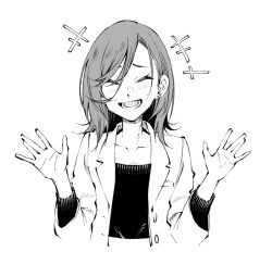 Rule 34 | 1girl, blush, closed eyes, collarbone, commentary request, earrings, embarrassed, greyscale, hands up, jewelry, lab coat, medium hair, monochrome, open mouth, original, simple background, smile, solo, stud earrings, sweater, upper body, vice (kuronekohadokoheiku)