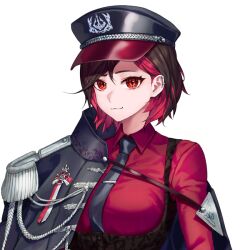 1girl :3 aiguillette black_necktie breasts brown_hair closed_mouth collared_shirt colored_inner_hair d-log ear_piercing epaulettes eyelashes female_focus game_cg hair_behind_ear hat high_collar jacket large_breasts last_origin looking_at_viewer medal merlin_(last_origin) military military_hat military_jacket military_uniform multicolored_hair necktie off-shoulder_jacket off_shoulder official_art peaked_cap piercing raised_eyebrow red_eyes red_hair red_shirt shirt short_hair single_epaulette slit_pupils smile tie_clip transparent_background two-tone_hair upper_body