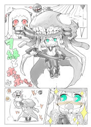 Rule 34 | !?, 10s, 3girls, abyssal ship, ahoge, aqua eyes, blush, cape, colored skin, comic, covered mouth, dress, headgear, heart, highres, horns, kantai collection, long hair, mittens, multiple girls, nomeoil, northern ocean princess, open mouth, out of frame, own hands clasped, own hands together, red eyes, seaport princess, sparkle, sweatdrop, take it home, tentacles, translation request, waving arms, white dress, white hair, white skin, wo-class aircraft carrier