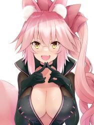 Rule 34 | 1girl, animal ear fluff, animal ears, black bodysuit, blush, bodysuit, bow, breasts, center opening, choker, cleavage, fate/grand order, fate (series), fox ears, fox girl, fox tail, glasses, hair between eyes, hair bow, highres, koyanskaya (assassin) (first ascension) (fate), koyanskaya (fate), large breasts, long hair, looking at viewer, open mouth, pink bow, pink hair, ponytail, sidelocks, smile, solo, tail, tamamo (fate), tohoho (hoshinoyami), transparent background, yellow eyes