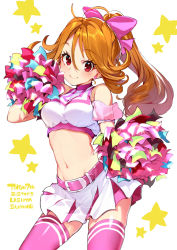 Rule 34 | 1girl, bare shoulders, belt, blush, bow, breasts, brown hair, character name, cheerleader, copyright name, crop top, detached sleeves, earrings, female focus, hair between eyes, hair bow, highres, jewelry, large breasts, long hair, looking at viewer, midriff, miniskirt, navel, pink thighhighs, pom pom (cheerleading), ponytail, red eyes, shirabi, skindentation, skirt, smile, solo, star (symbol), thighhighs, tokyo 7th sisters, usuta sumire, zettai ryouiki