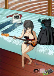 Rule 34 | 00s, 1girl, akg, akg k-series headphones, akiyama mio, bad id, bad pixiv id, barefoot, bass guitar, bed, between breasts, black hair, breast press, breasts, cd, clothes, clothes on bed, don&#039;t say &quot;lazy&quot;, feet, full body, guitar, headphones, highres, instrument, k-on!, kamitsuki manmaru, large breasts, long hair, music, nipples, panties, playing instrument, raglan sleeves, singing, sitting, solo, striped clothes, striped panties, toes, topless, underwear