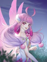 Rule 34 | 1girl, :d, antenna hair, bare arms, bare shoulders, bush, dress, dress flower, fairy, fairy wings, flower, from side, hand up, highres, kumu zaisheng, long hair, looking at viewer, looking to the side, low-tied long hair, low twintails, night, night sky, open mouth, outdoors, pink eyes, pink flower, pink hair, pink wings, pointy ears, qili (xiao huaxian), sky, sleeveless, sleeveless dress, smile, solo, teeth, twintails, upper body, upper teeth only, white dress, wings, xiao huaxian