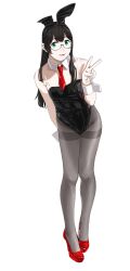 Rule 34 | 1girl, absurdres, animal ears, arm behind back, black hair, black leotard, black pantyhose, breasts, detached collar, fake animal ears, full body, glasses, green eyes, high heels, highres, kantai collection, leaning forward, leotard, long hair, looking at viewer, necktie, ojipon, ooyodo (kancolle), pantyhose, playboy bunny, rabbit ears, red footwear, red necktie, simple background, small breasts, solo, strap, thighband pantyhose, v, white background, wrist cuffs