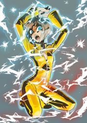 Rule 34 | 10s, 1girl, arms up, blonde hair, blue eyes, bruce lee&#039;s jumpsuit, electricity, huang baoling, jumpsuit, katou (hyaena), open mouth, short hair, solo, tiger &amp; bunny