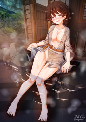 Rule 34 | 1girl, akaboshi koume, barefoot, blue eyes, blush, breasts, brown hair, cleavage, collarbone, girls und panzer, groin, highres, large breasts, looking at viewer, megadeko, night, night sky, no bra, no panties, onsen, open mouth, outdoors, partially submerged, shiny skin, short hair, sitting, sky, smile, soaking feet, solo, star (sky), starry sky, water