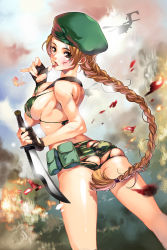 Rule 34 | 1girl, absurdres, ass, blood, braid, breasts, brown eyes, brown hair, camouflage, chushengdao, female soldier, fingerless gloves, from behind, gloves, hat, helicopter, highres, injury, kaku-san-sei million arthur, knife, large breasts, licking, million arthur (series), sideboob, soldier, solo, torn clothes, weapon