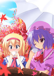 Rule 34 | 2girls, ;), alice margatroid, ascot, autumn leaves, blonde hair, blush, brooch, brown eyes, cup, day, drinking, falling leaves, female focus, gem, jewelry, leaf, multiple girls, one eye closed, outdoors, plant, purple hair, remilia scarlet, short hair, smile, table, tea, touhou, tree, umbrella, upper body, wide-eyed, yoshiharu